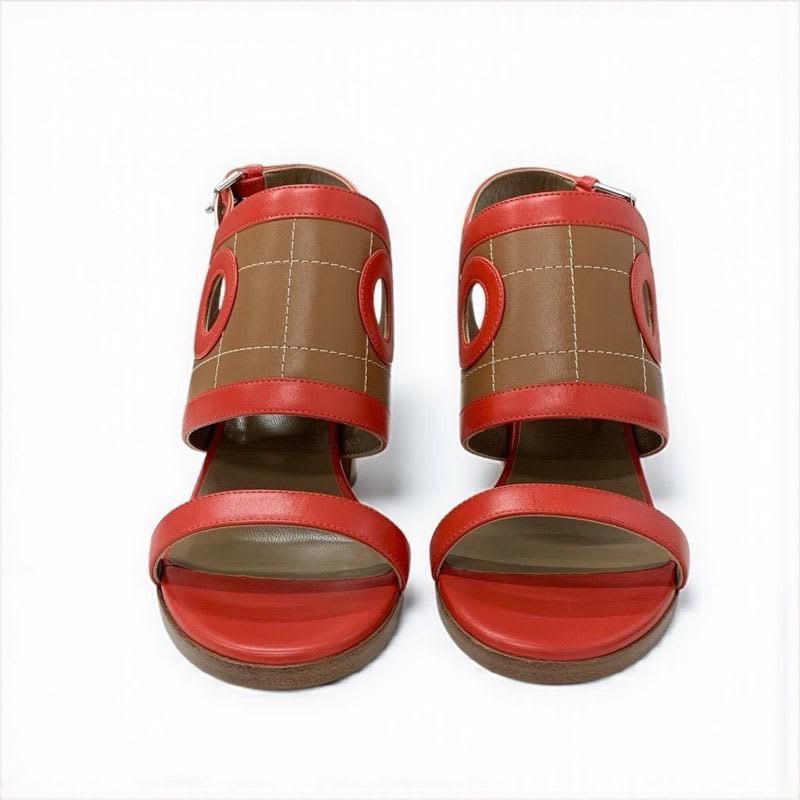 Hermes Blinker Sandals Shoes Leather Red Brown Strap