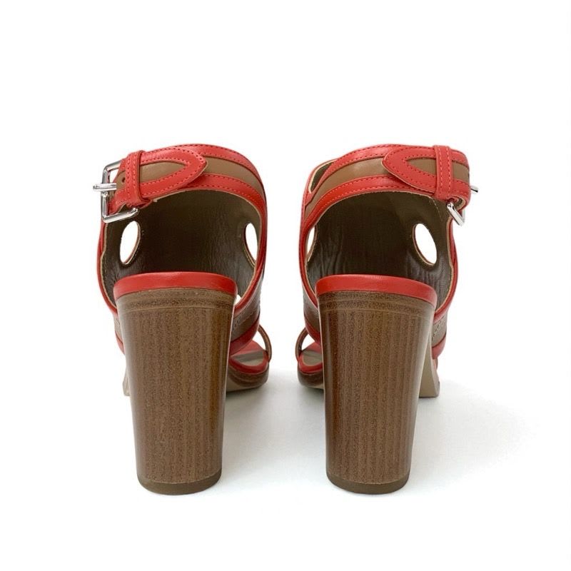 Hermes Blinker Sandals Shoes Leather Red Brown Strap
