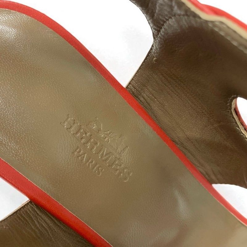 Hermes Blinker Sandals Shoes Leather Red Brown Strap