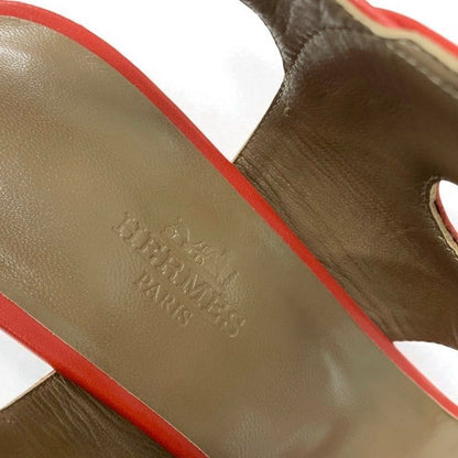 Hermes Blinker Sandals Shoes Leather Red Brown Strap