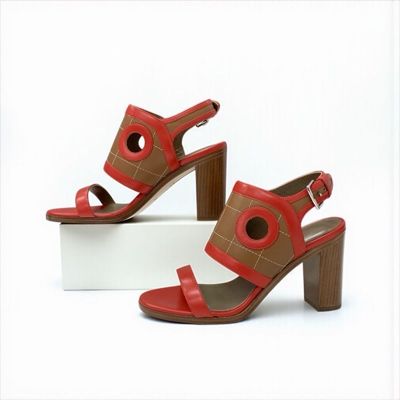 Hermes Blinker Sandals Shoes Leather Red Brown Strap