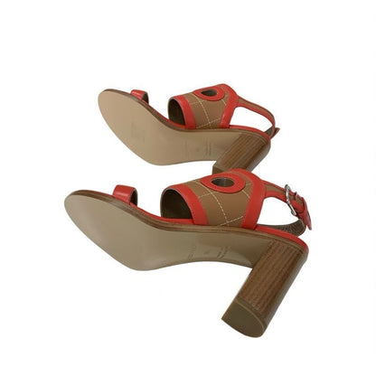 Hermes Blinker Sandals Shoes Leather Red Brown Strap