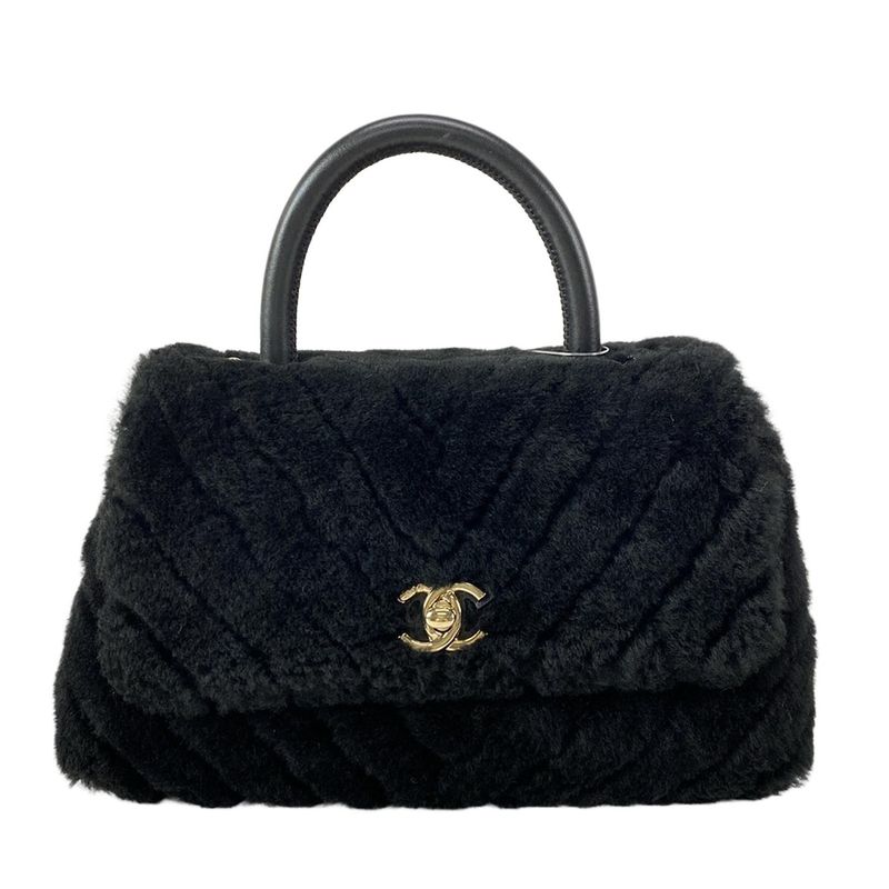 Chanel Handbag Small Top Handle Flap Bag V-stitched (chevron) A92990 Black Gold