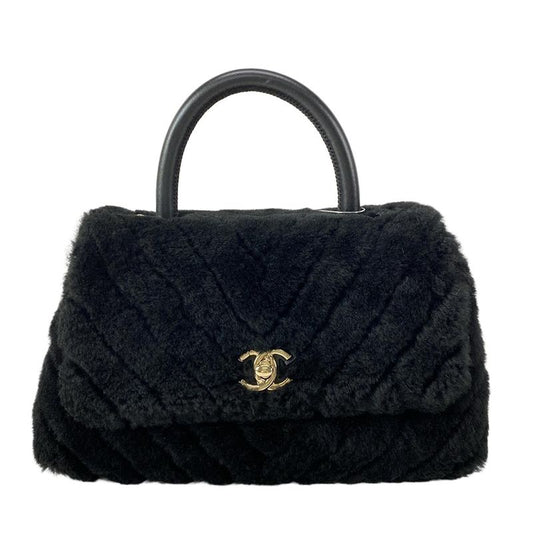 Chanel Handbag Small Top Handle Flap Bag V-stitched (chevron) A92990 Black Gold