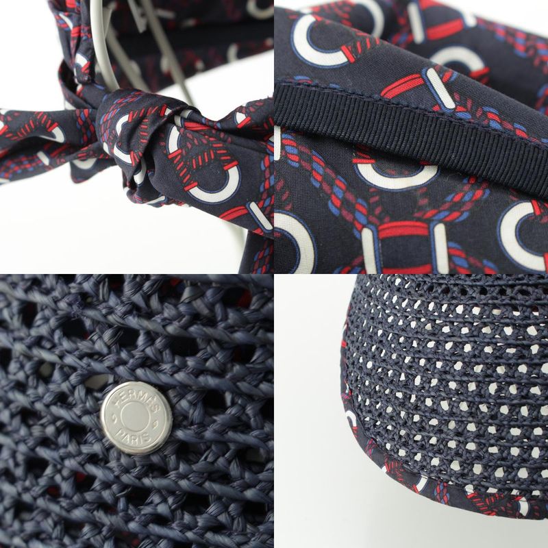 Hermes Raffia Cotton Gemini Hat Cap Navy