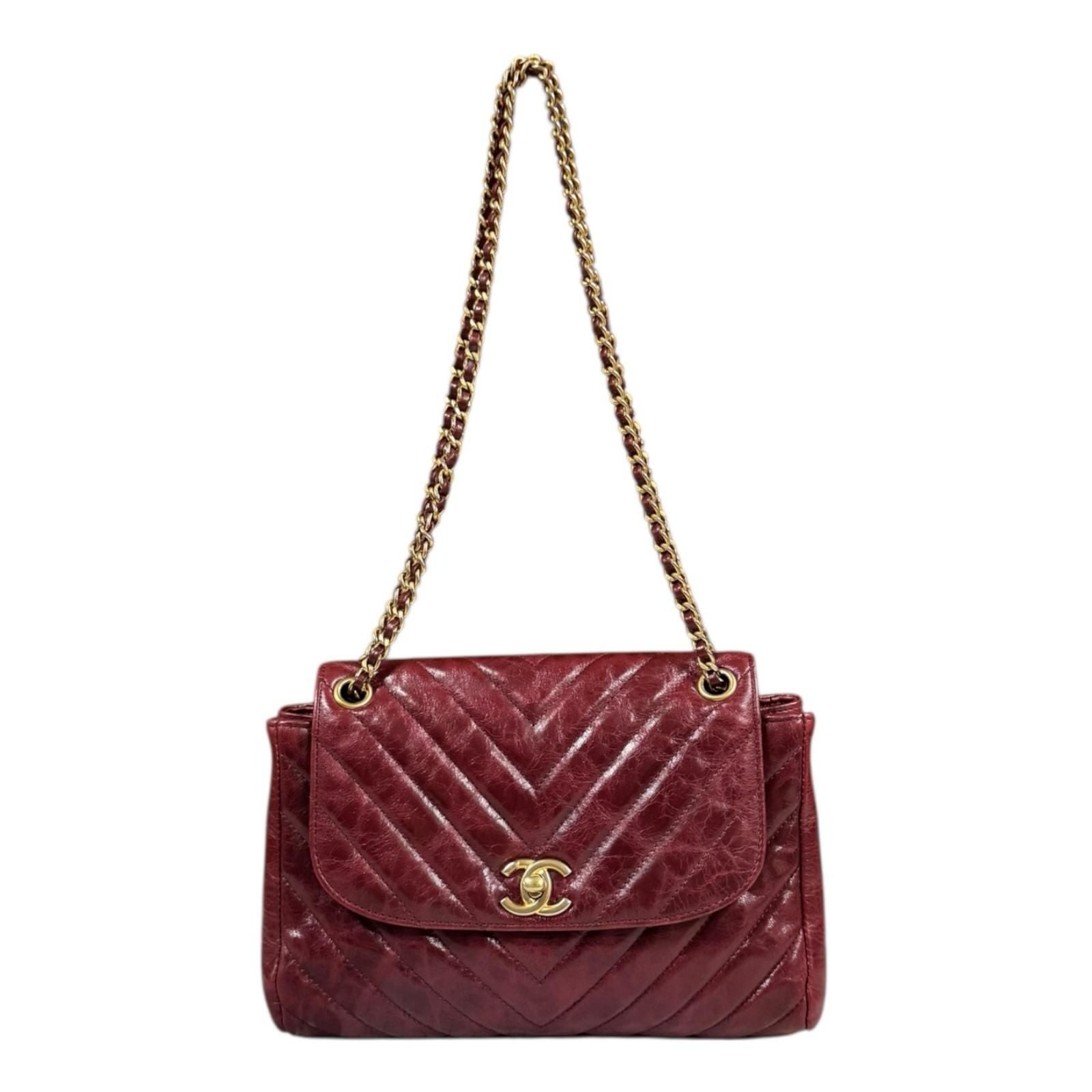 Chanel V Stitch Shoulder Bag Leather Red Ladies Chanel Used