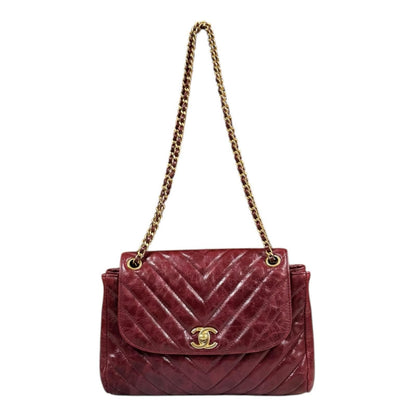 Chanel V Stitch Shoulder Bag Leather Red Ladies Chanel Used