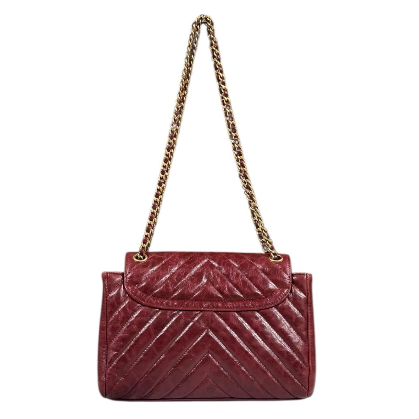 Chanel V Stitch Shoulder Bag Leather Red Ladies Chanel Used