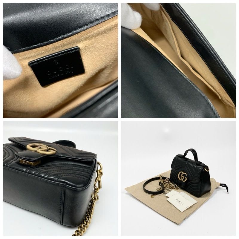 Gucci Bag Shoulder Black Gold GG Marmont Mini Top Handle 2-Way Handbag
