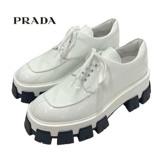 Prada Loafers Leather Shoes Patent White Lace-up Shoes Platform