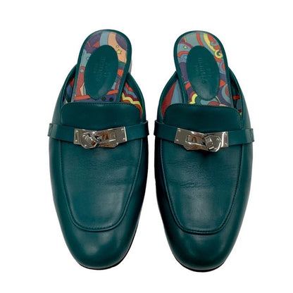Hermes Oz Flat Shoes Leather Green Silver Mule Slipper Sandals Kelly Hardware
