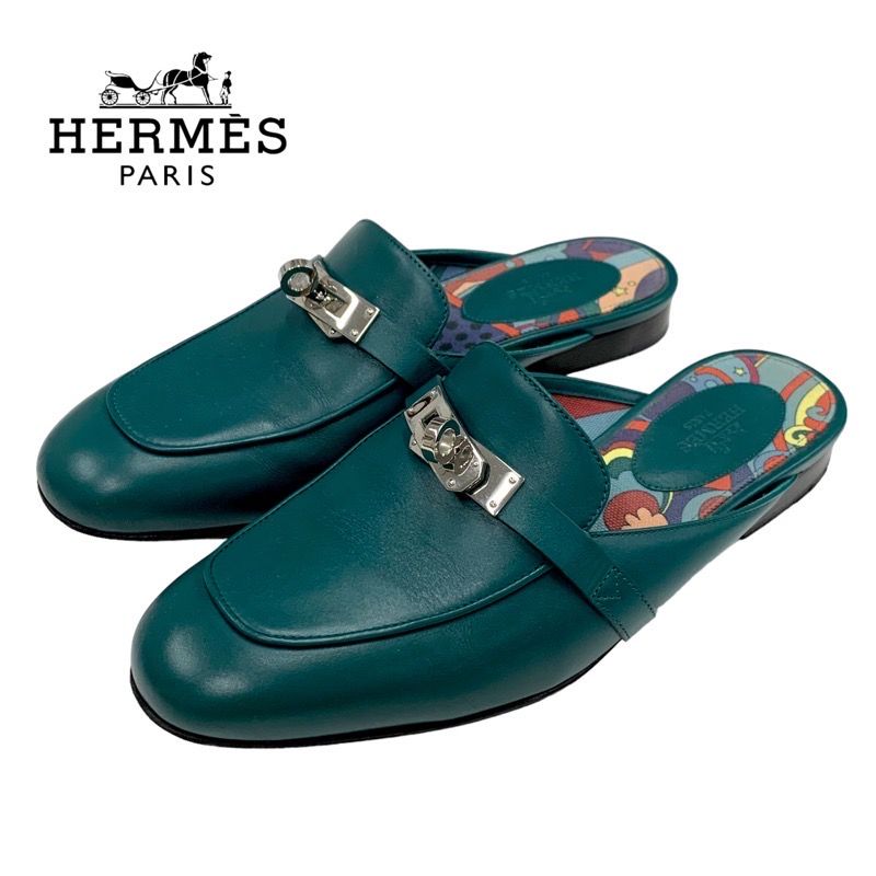 Hermes Oz Flat Shoes Leather Green Silver Mule Slipper Sandals Kelly Hardware