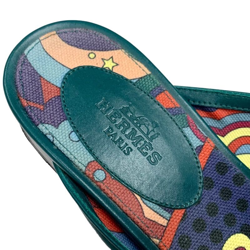 Hermes Oz Flat Shoes Leather Green Silver Mule Slipper Sandals Kelly Hardware