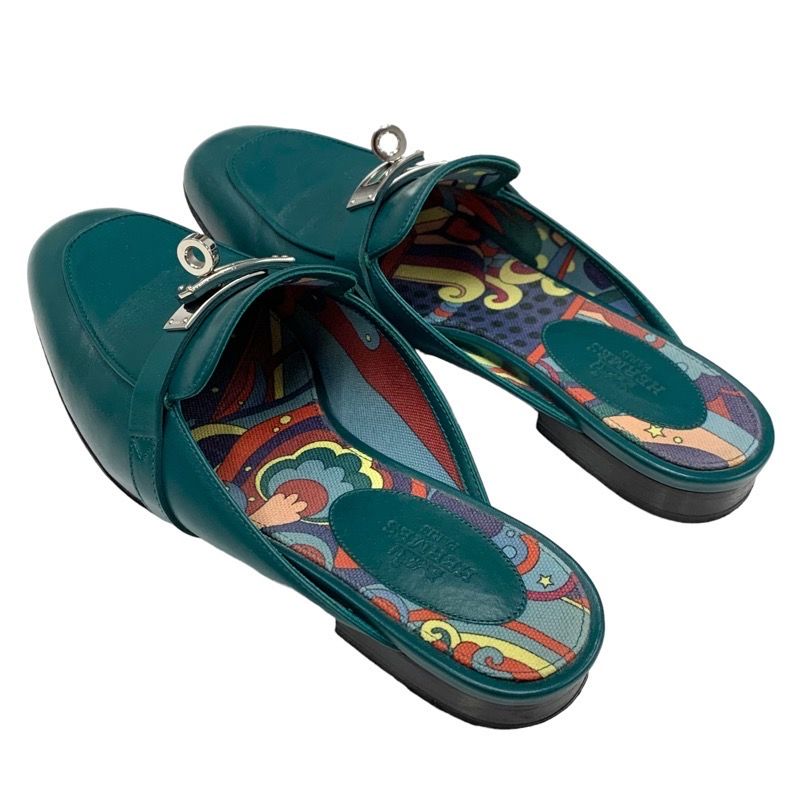 Hermes Oz Flat Shoes Leather Green Silver Mule Slipper Sandals Kelly Hardware