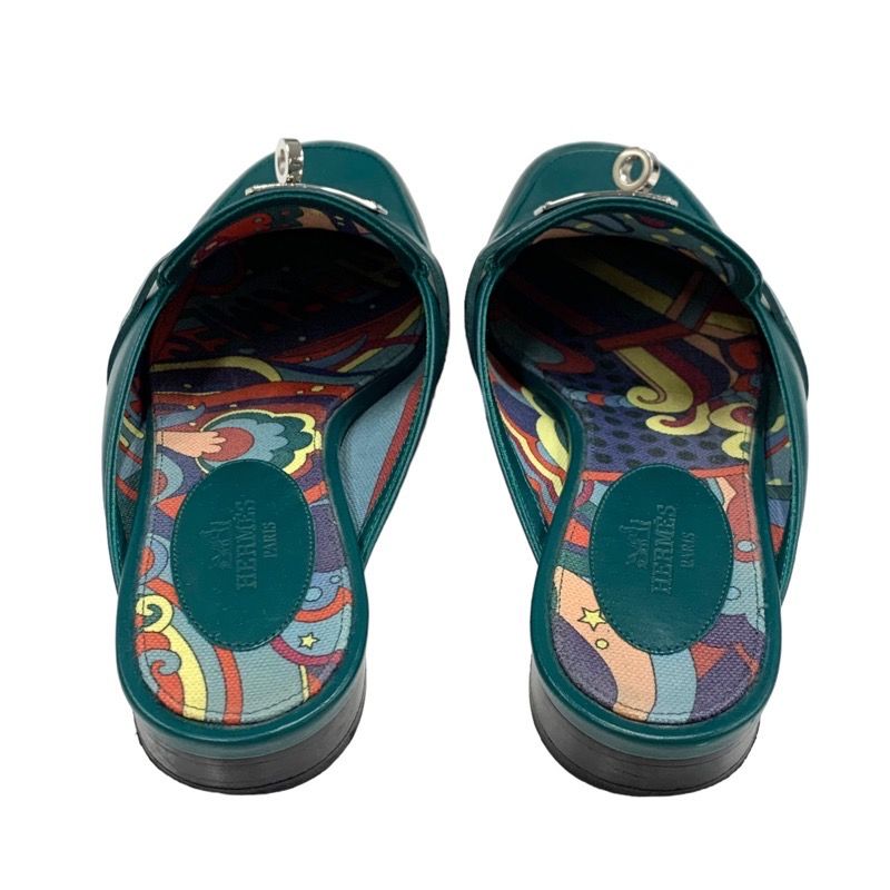 Hermes Oz Flat Shoes Leather Green Silver Mule Slipper Sandals Kelly Hardware