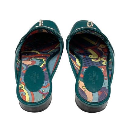 Hermes Oz Flat Shoes Leather Green Silver Mule Slipper Sandals Kelly Hardware