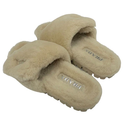 Prada Flat Sandals Shoes Sheep Fur Beige Unused Mules Logo Plate