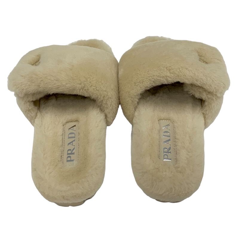 Prada Flat Sandals Shoes Sheep Fur Beige Unused Mules Logo Plate