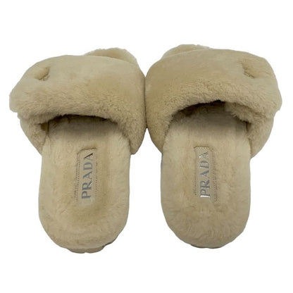 Prada Flat Sandals Shoes Sheep Fur Beige Unused Mules Logo Plate