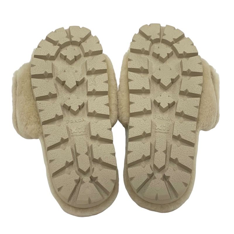 Prada Flat Sandals Shoes Sheep Fur Beige Unused Mules Logo Plate