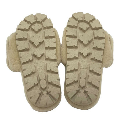 Prada Flat Sandals Shoes Sheep Fur Beige Unused Mules Logo Plate