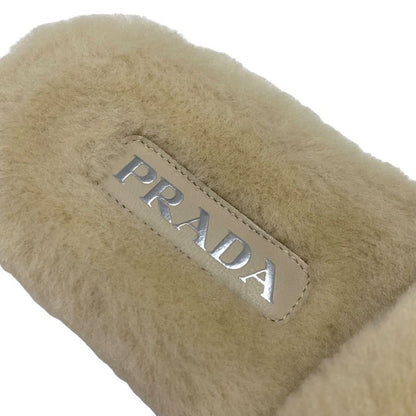 Prada Flat Sandals Shoes Sheep Fur Beige Unused Mules Logo Plate