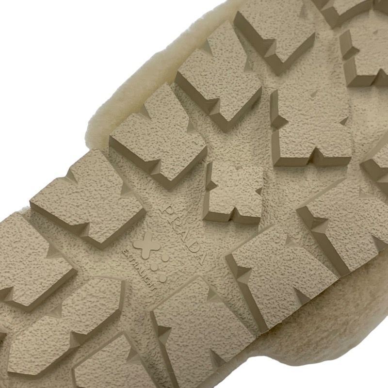 Prada Flat Sandals Shoes Sheep Fur Beige Unused Mules Logo Plate