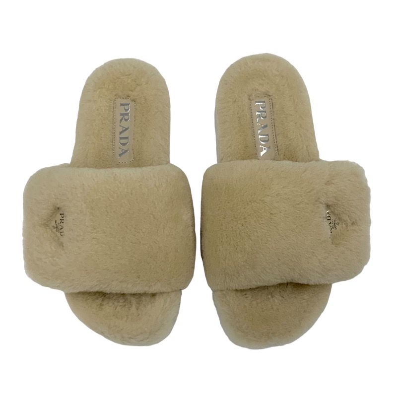 Prada Flat Sandals Shoes Sheep Fur Beige Unused Mules Logo Plate