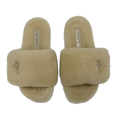 Prada Flat Sandals Shoes Sheep Fur Beige Unused Mules Logo Plate