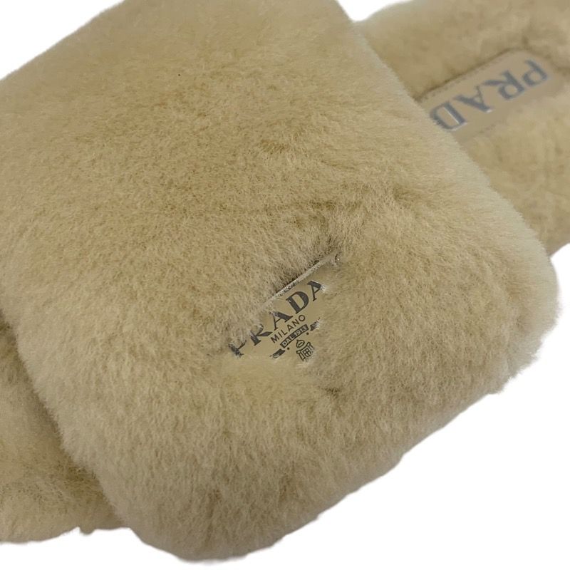 Prada Flat Sandals Shoes Sheep Fur Beige Unused Mules Logo Plate