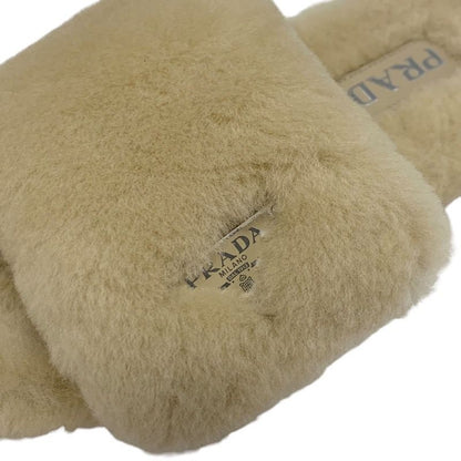 Prada Flat Sandals Shoes Sheep Fur Beige Unused Mules Logo Plate