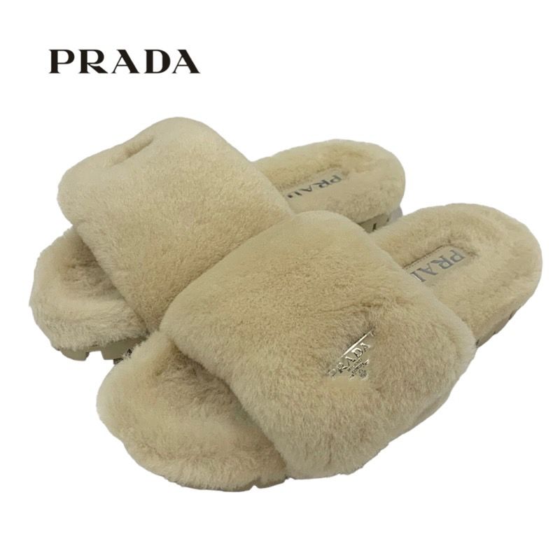 Prada Flat Sandals Shoes Sheep Fur Beige Unused Mules Logo Plate