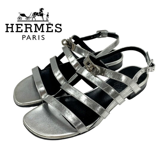 Hermes Transat Sandals Shoes Leather Silver Flat Sandals Kelly Hardware