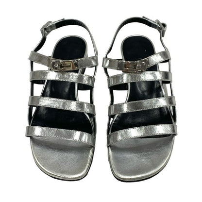 Hermes Transat Sandals Shoes Leather Silver Flat Sandals Kelly Hardware