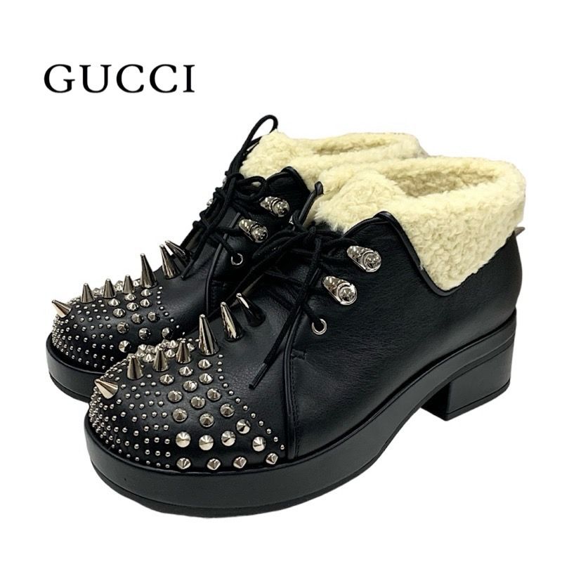 Gucci Boots Short Boots Shoes Leather Shearling Black Unused Studs Lace Up Boa