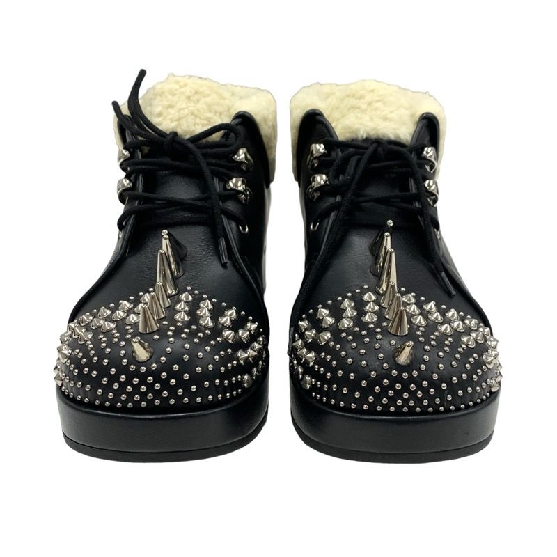 Gucci Boots Short Boots Shoes Leather Shearling Black Unused Studs Lace Up Boa