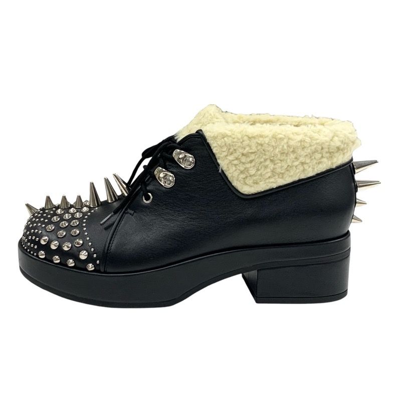 Gucci Boots Short Boots Shoes Leather Shearling Black Unused Studs Lace Up Boa