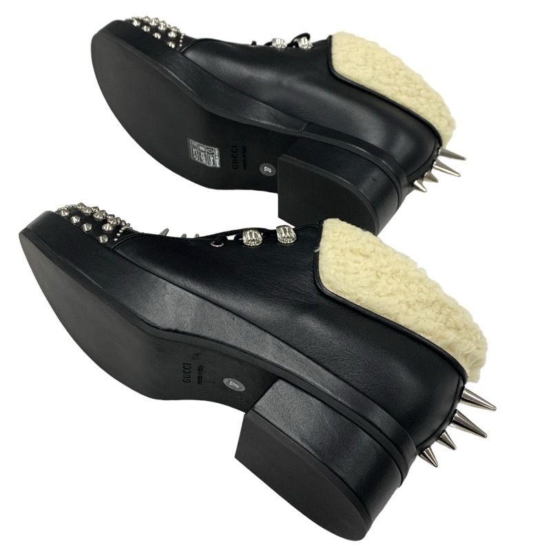 Gucci Boots Short Boots Shoes Leather Shearling Black Unused Studs Lace Up Boa