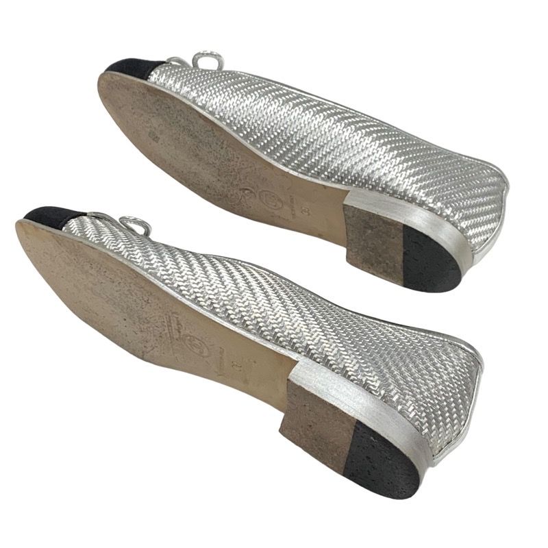 Chanel Flat Shoes Leather Fabric Silver Black Ballet Shoes Coco Mark Ribbon