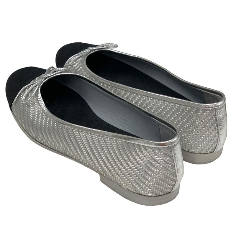 Chanel Flat Shoes Leather Fabric Silver Black Ballet Shoes Coco Mark Ribbon
