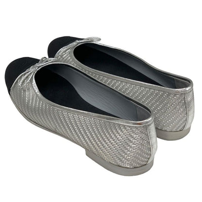Chanel Flat Shoes Leather Fabric Silver Black Ballet Shoes Coco Mark Ribbon