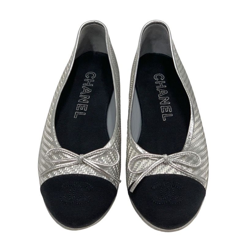 Chanel Flat Shoes Leather Fabric Silver Black Ballet Shoes Coco Mark Ribbon