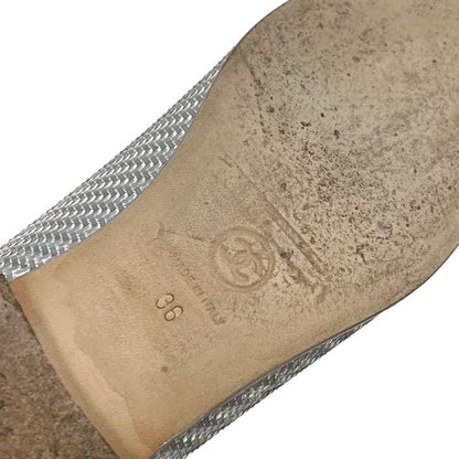 Chanel Flat Shoes Leather Fabric Silver Black Ballet Shoes Coco Mark Ribbon