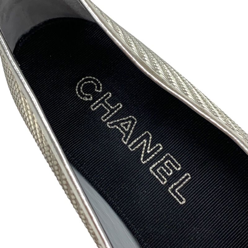 Chanel Flat Shoes Leather Fabric Silver Black Ballet Shoes Coco Mark Ribbon