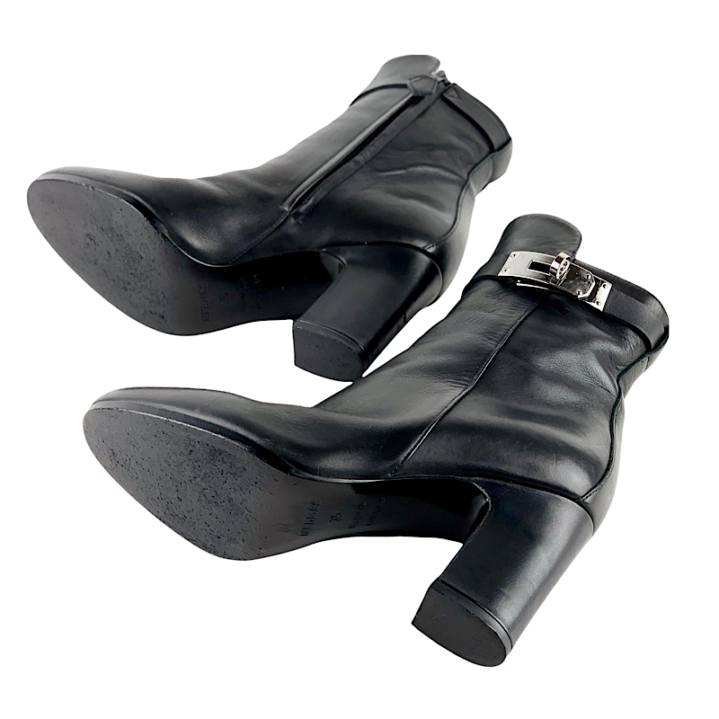 Hermes Boots Short Boots Shoes Leather Black Kelly Hardware