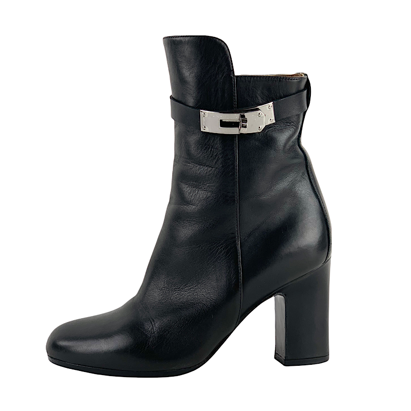 Hermes Boots Short Boots Shoes Leather Black Kelly Hardware