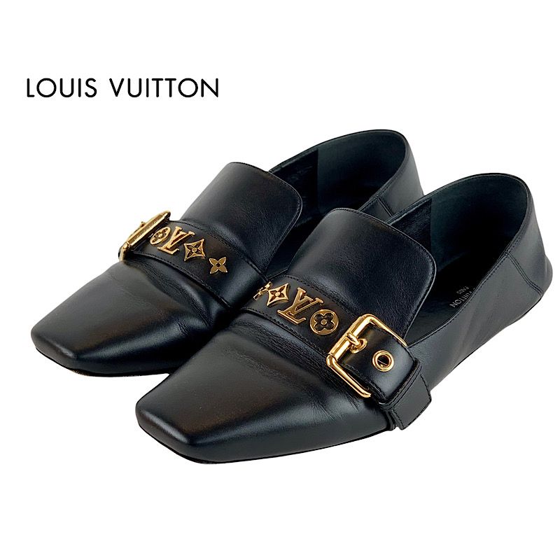 Louis Vuitton Loafers Leather Shoes Leather Black Flat Shoes Monogram Belt