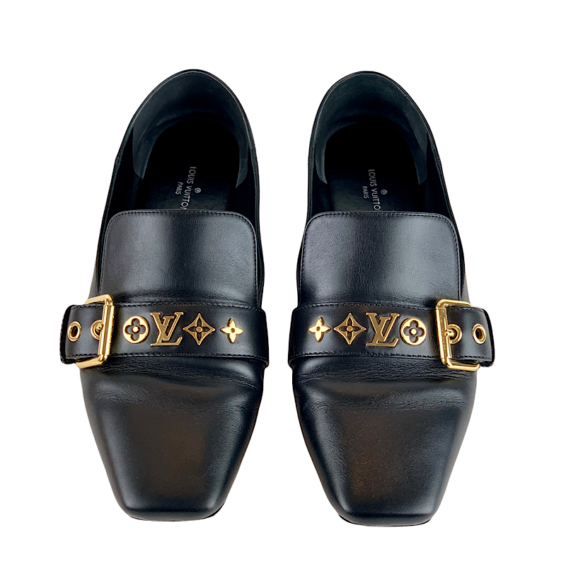 Louis Vuitton Loafers Leather Shoes Leather Black Flat Shoes Monogram Belt
