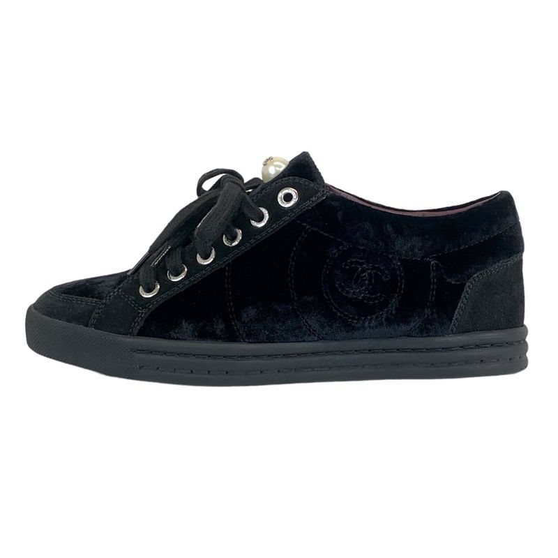 Chanel Sneakers Shoes Velor Suede Black Here Mark Pearl