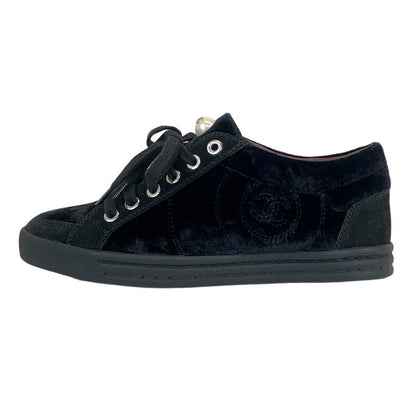Chanel Sneakers Shoes Velor Suede Black Here Mark Pearl